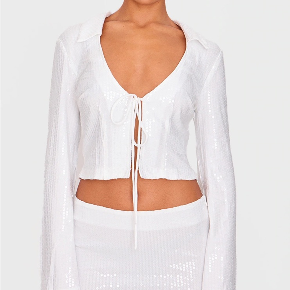 PrettyLittleThing White Sequin Tie Front Detail Long Sleeve Shirt & Skirt NWT